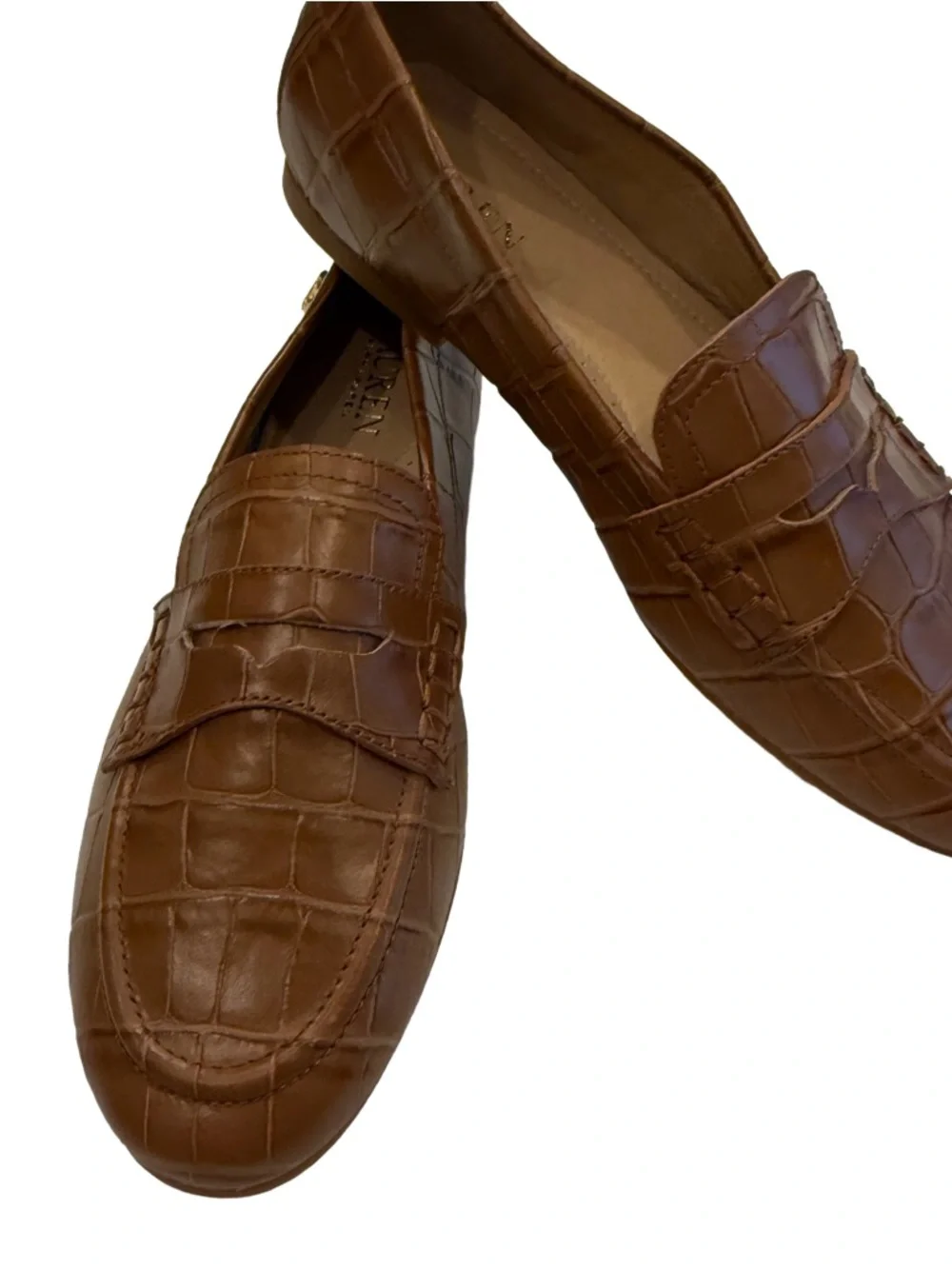 Ralph Lauren Women’s Croc Embossed Loafers Camel Sz 6 NEW